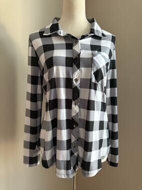 No Comment Black‎ White Buffalo Plaid Button Down Shirt Womens Size Large